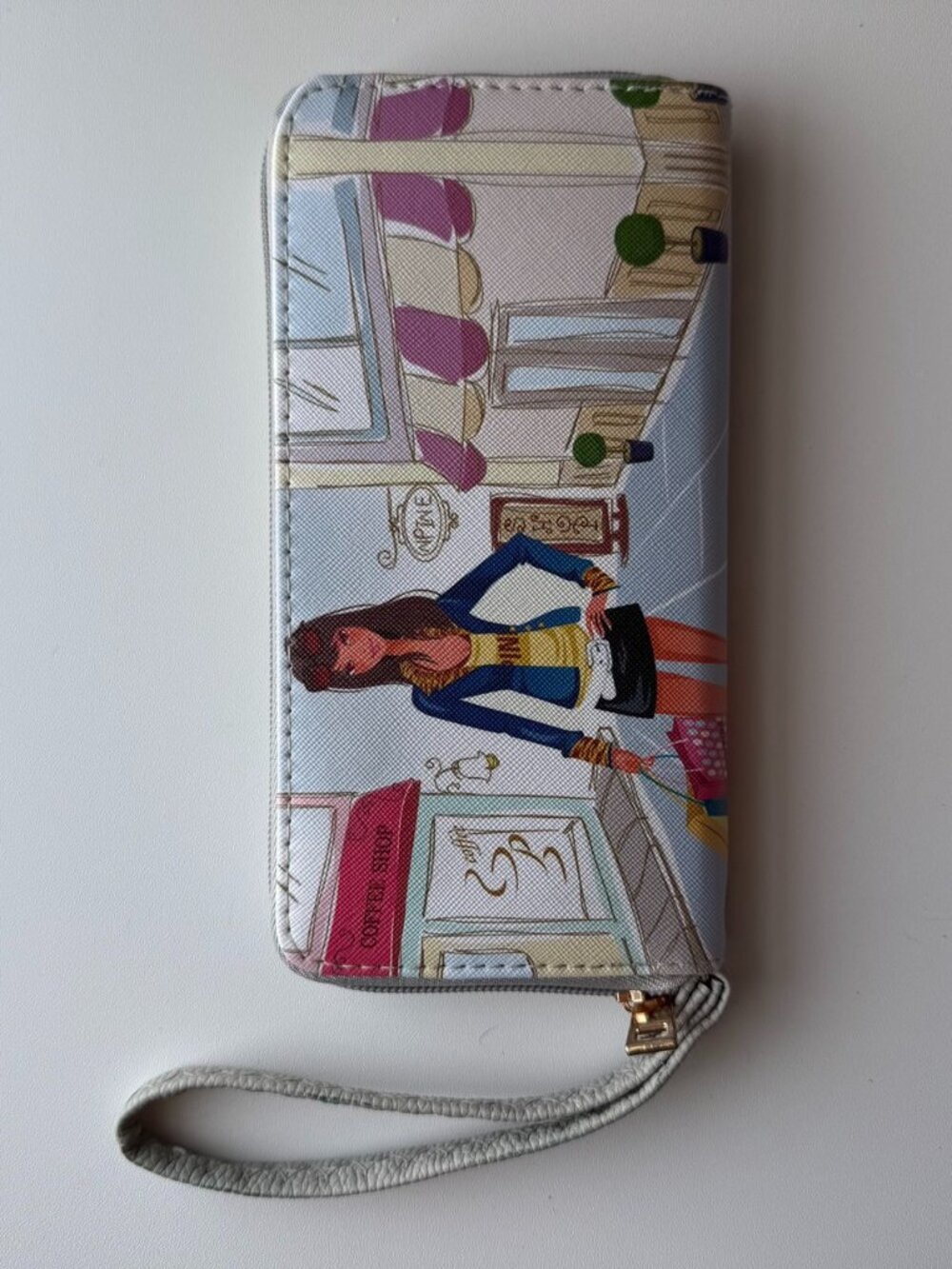 Zip Around Wallet Wristlet Graphic Print Grey Pink Card Holder